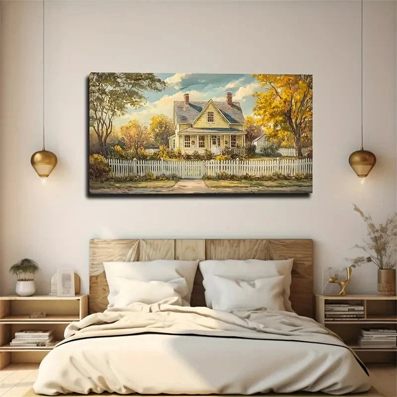 Vibrant House And Fence Scene Wall Art Canvas Office Home Room Framed 120x60cm