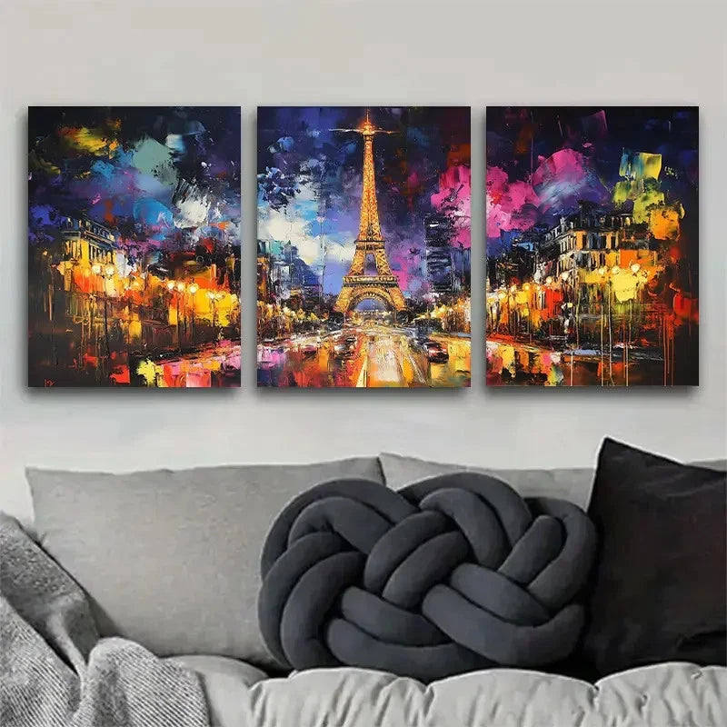 3pcs Eiffel Tower Abstract Night Scene Paintings Metal Print Ready to Hang Art - Bella Home Decor