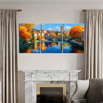 3pcs Autumn Village Reflection River Landscape Metal Print Ready to Hang Art - Bella Home Decor