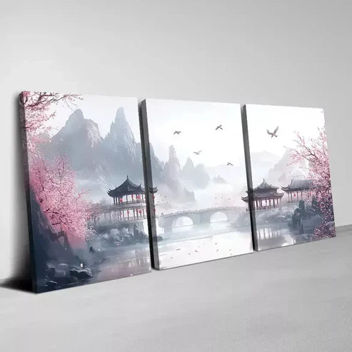 3pcs Traditional Chinese Landscape with Pagoda Art Set Canvas Unframed - High Quality Print 100% Australian Made Wall Canvas