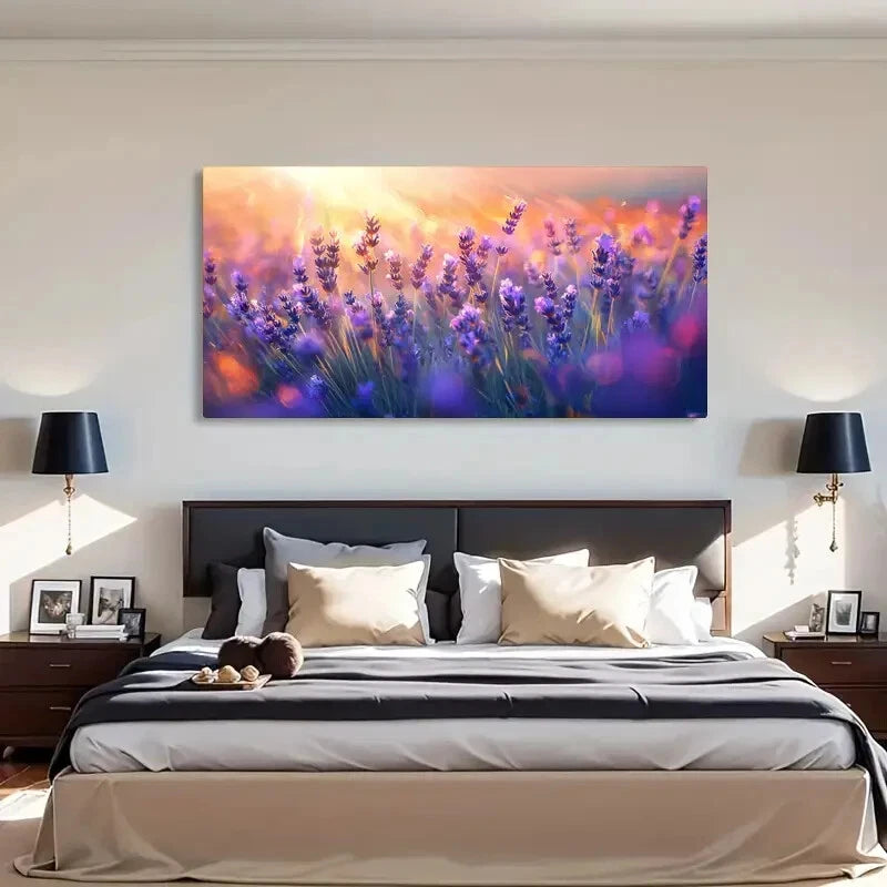 Purple Floral Sunset Lavender Wall Art Canvas Office Home Room Framed 120x60cm - Bella Home Decor
