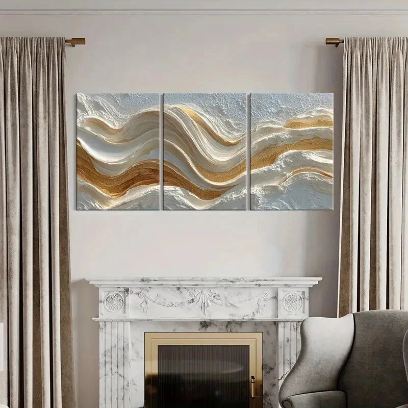 3pcs Abstract Wavy Lines Art Cream Golden Colors Metal Print Ready to Hang Art