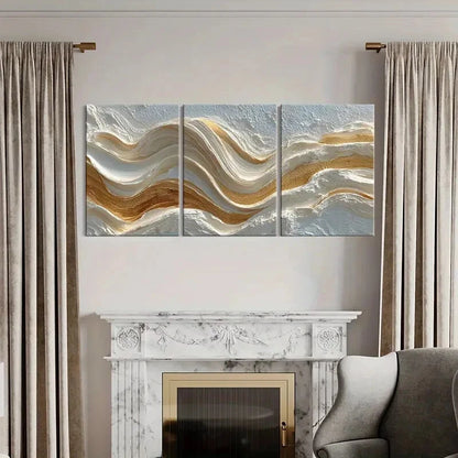 3pcs Abstract Wavy Lines Art Cream Golden Colors Metal Print Ready to Hang Art