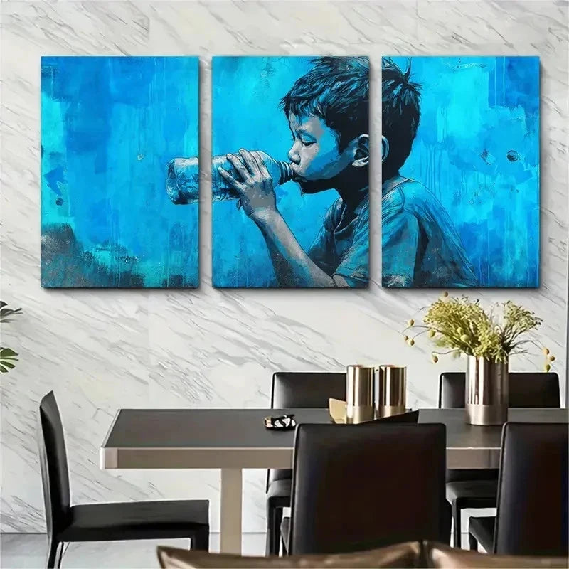 3pcs Southeast Asian Street Boy Drinking Perfect Wall Art Set Canvas Framed 50x70cm - High Quality Print 100% Australian Made Wall Canvas Ready to Hang