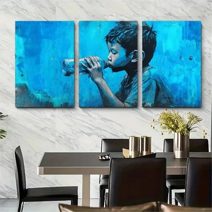 3pcs Southeast Asian Street Boy Drinking Perfect Wall Art Set Canvas Framed 50x70cm - High Quality Print 100% Australian Made Wall Canvas Ready to Hang