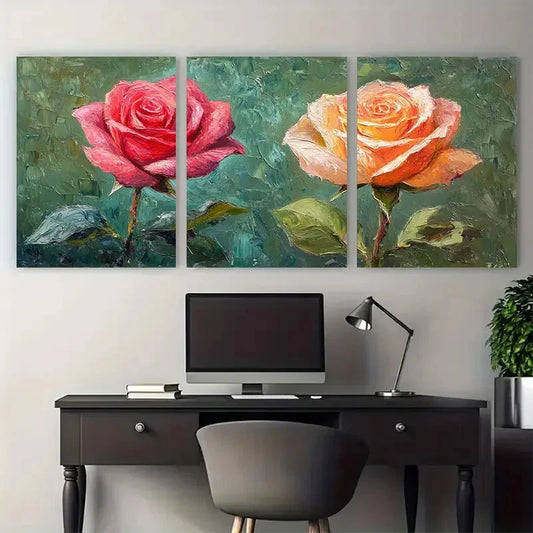 3pcs Vibrant Rose Floral Impasto Illustration Metal Print Ready to Hang Art