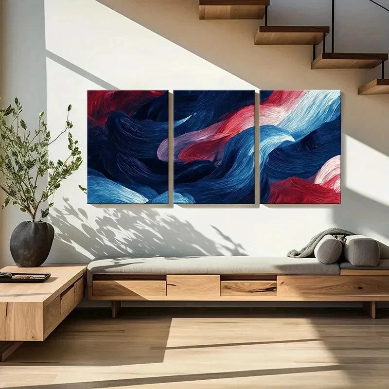 3pcs Abstract Waves Art Blue Red White Colors Metal Print Ready to Hang Art - Bella Home Decor