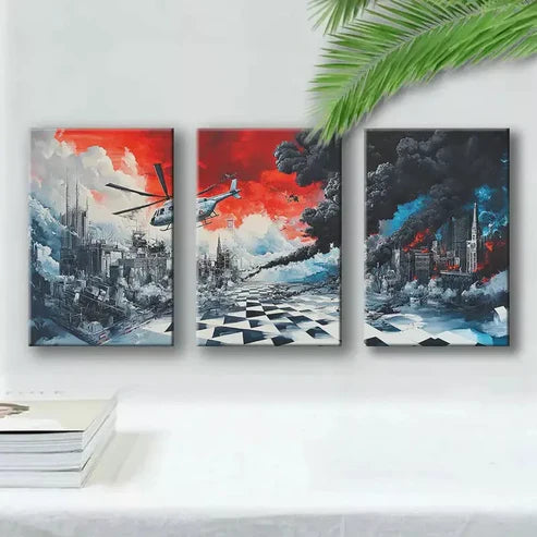 3pcs Urban helicopter Landscape  Art Canvas Unframed - High Quality Print 100% Australian Made Wall Canvas