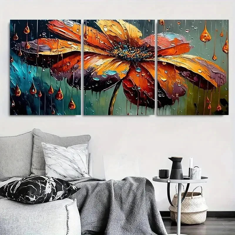 3pcs Vibrant Orange Flower in Rain Wall Art Set Canvas Framed 60x90cm - High Quality Print 100% Australian Made Wall Canvas Ready to Hang