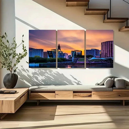 3pcs Vibrant Cityscape at Dusk with Purple Skies Metal Print Ready to Hang Art
