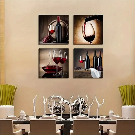 4pcs Red Wine Cups Modern Dining Room Wall Art Canvas Framed