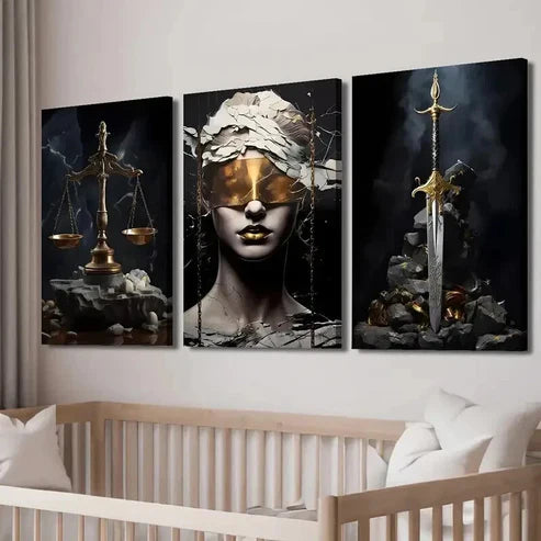 3pcs Scales of Justice & Golden Sword Wall Art Set Canvas Unframed - High Quality Print 100% Australian Made Wall Canvas