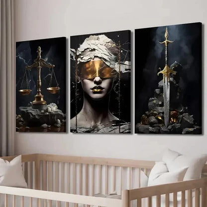 3pcs Scales of Justice & Golden Sword Wall Art Set Canvas Unframed - High Quality Print 100% Australian Made Wall Canvas