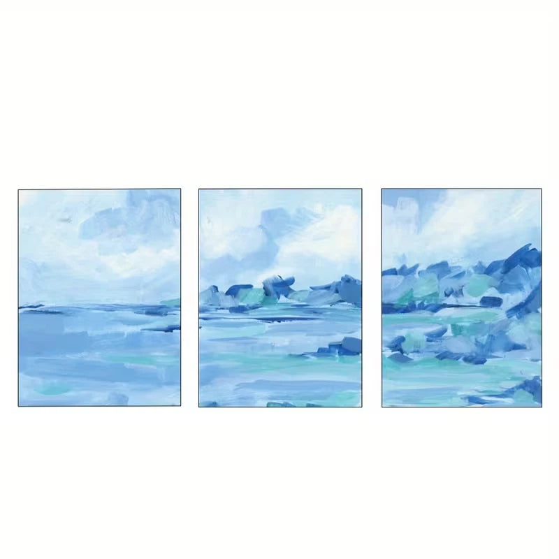 3pcs Blue Modern Abstract Seascape Painting  Wall Art Set Canvas Framed 50x70cm - High Quality Print 100% Australian Made Wall Canvas Ready to Hang - Bella Home Decor