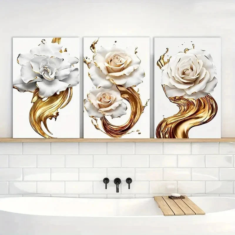 3pcs Golden And White Rose Abstract Flowers Metal Print Ready to Hang Art - Bella Home Decor