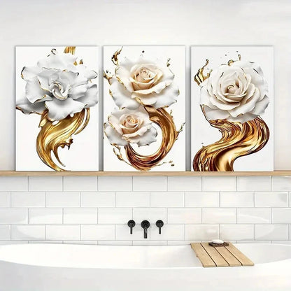 3pcs Golden And White Rose Abstract Flowers Metal Print Ready to Hang Art - Bella Home Decor