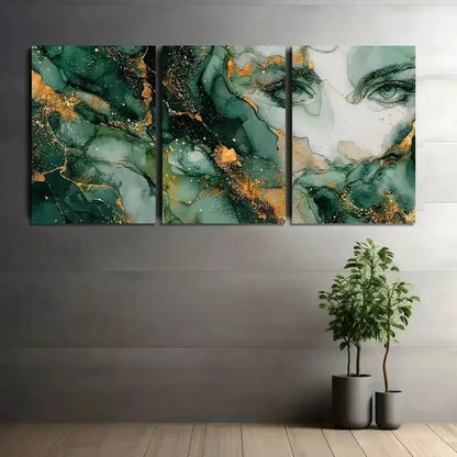 3pcs Dark Green And White Marble Style Painting Metal Print Ready to Hang Art - Bella Home Decor