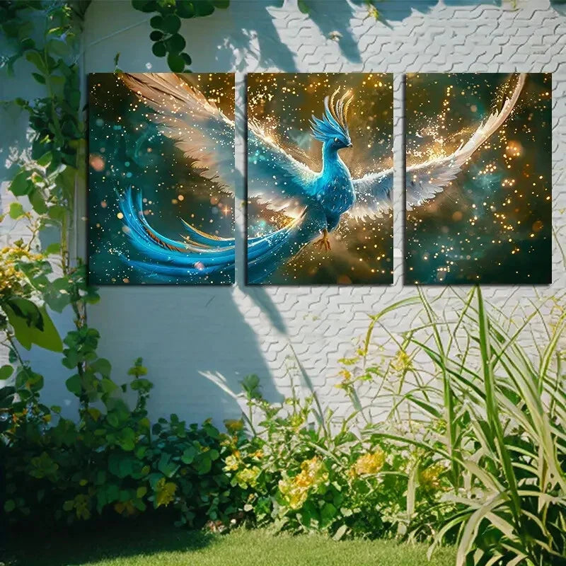 3pcs Vibrant Glowing Phoenix Illustration Metal Print Ready to Hang Art - Bella Home Decor