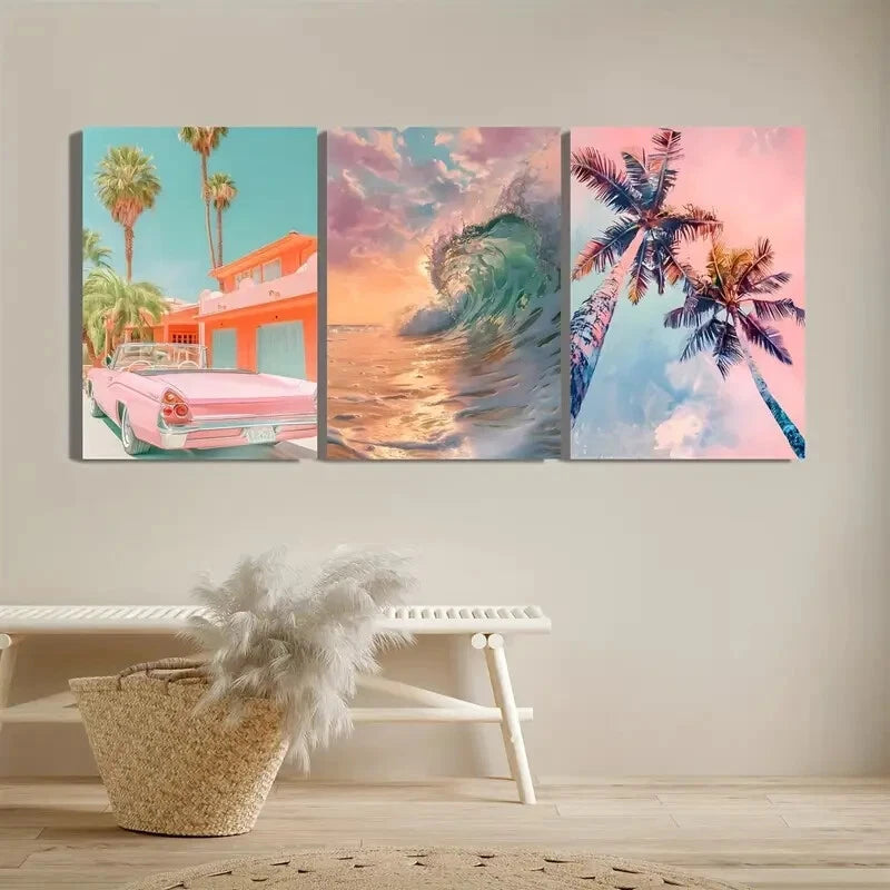 3pcs Tropical Beach & Palm Tree Watercolor Lands Metal Print Ready to Hang Art - Bella Home Decor