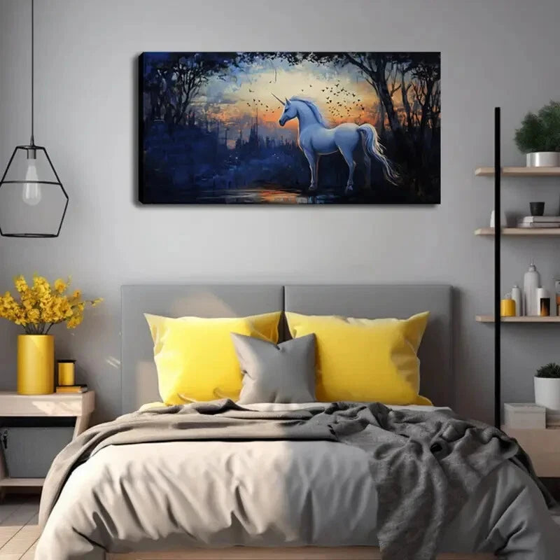 Unicorn in Twilight Forest Wall Art Canvas Office Home Room Framed 120x60cm - Bella Home Decor
