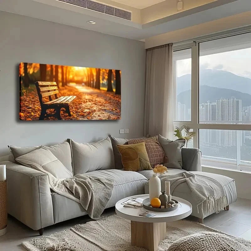 Vibrant Fall Leave Wooden Bench Wall Art Canvas Office Home Room Framed 120x60cm - Bella Home Decor