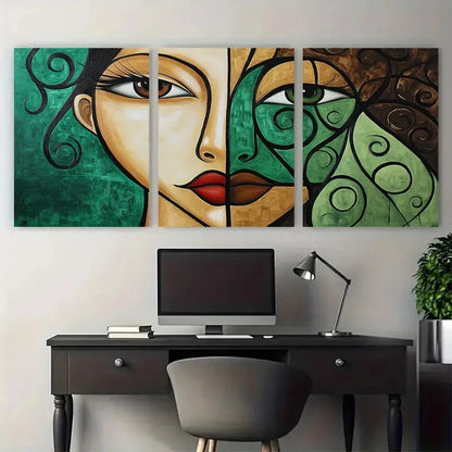 3pcs Brown And Green Woman Painting Woman Face Wall Art Set Canvas Framed 40x60cm - High Quality Print 100% Australian Made Wall Canvas Ready to Hang - Bella Home Decor