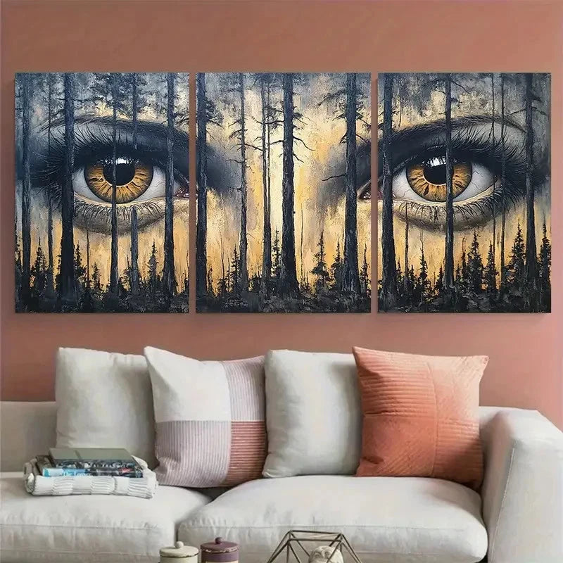 3pcs Forest Eyes Painted on Trees Design Wall Art Set Canvas Framed 50x70cm - High Quality Print 100% Australian Made Wall Canvas Ready to Hang - Bella Home Decor