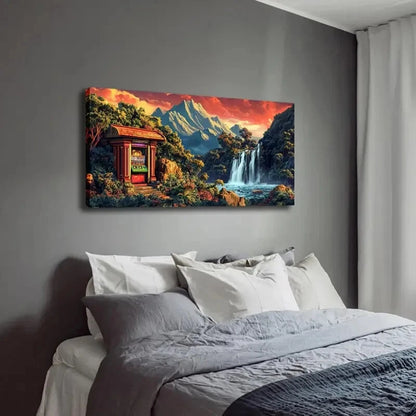 Vibrant Waterfall & Retro T-Rex Wall Art Canvas Office Home Room Framed 120x60cm - Bella Home Decor