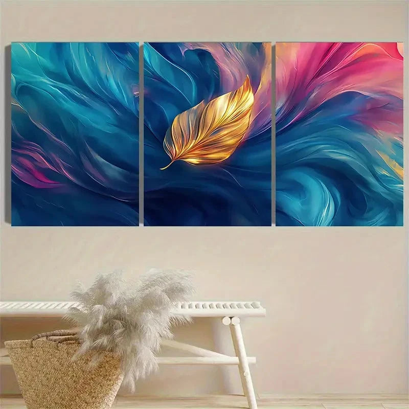 3pcs Golden Leaf on Blue Watercolor Wall Art Set Canvas Framed 60x90cm - High Quality Print 100% Australian Made Wall Canvas Ready to Hang - Bella Home Decor
