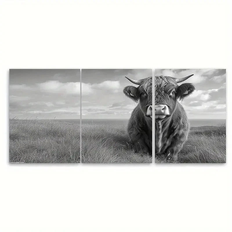 3pcs Black & White Rustic Scottish Highland Bull Wall Art Set Canvas Framed 60x90cm - High Quality Print 100% Australian Made Wall Canvas Ready to Hang - Bella Home Decor
