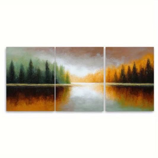 3pcs Sunrise Forest Lake Neutral Brown Landscape Metal Print Ready to Hang Art