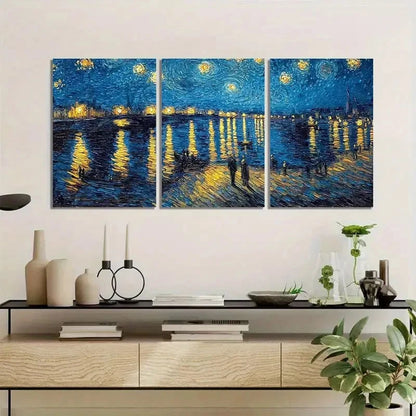 3pcs Starry Night Over River with Reflections Metal Print Ready to Hang Art - Bella Home Decor
