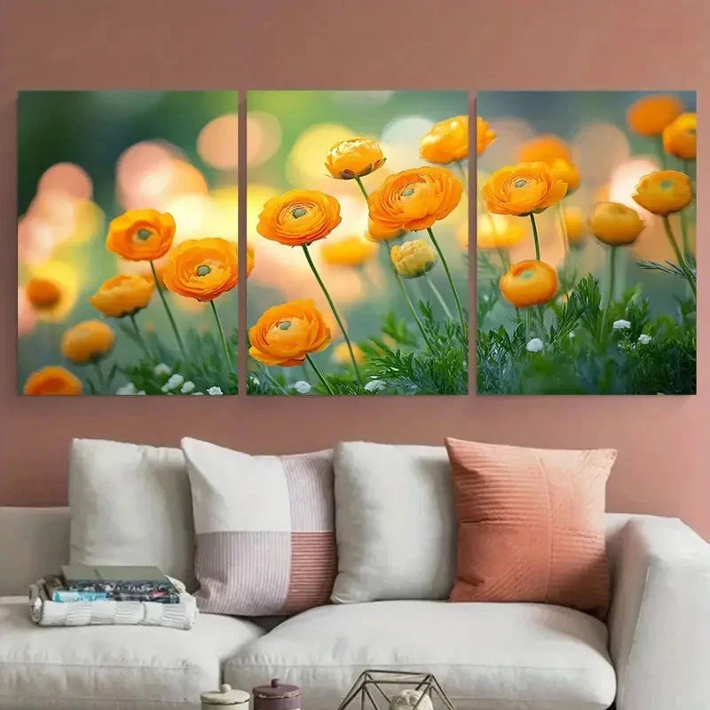 3pcs Vibrant Floral Orange Blooms Spring Summer Metal Print Ready to Hang Art