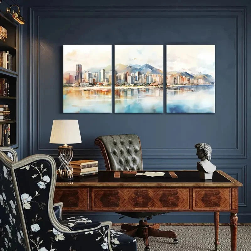 3pcs Cityscape Mountains Watercolor Style Metal Print Ready to Hang Art - Bella Home Decor