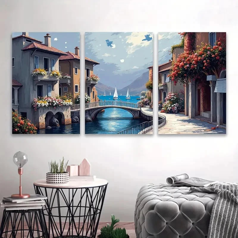 3pcs European Street And Harbor View Wall Art Set Canvas Framed 40x60cm - High Quality Print 100% Australian Made Wall Canvas Ready to Hang