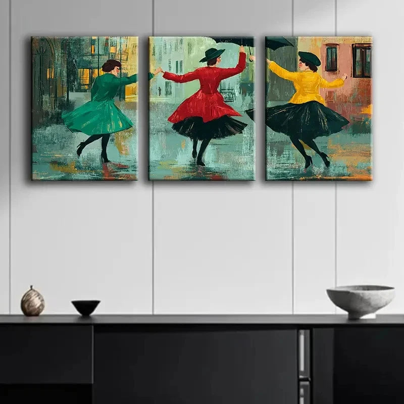 3pcs Dancing in the Rain Scene Wall Art Set Canvas Framed 40x60cm - High Quality Print 100% Australian Made Wall Canvas Ready to Hang - Bella Home Decor