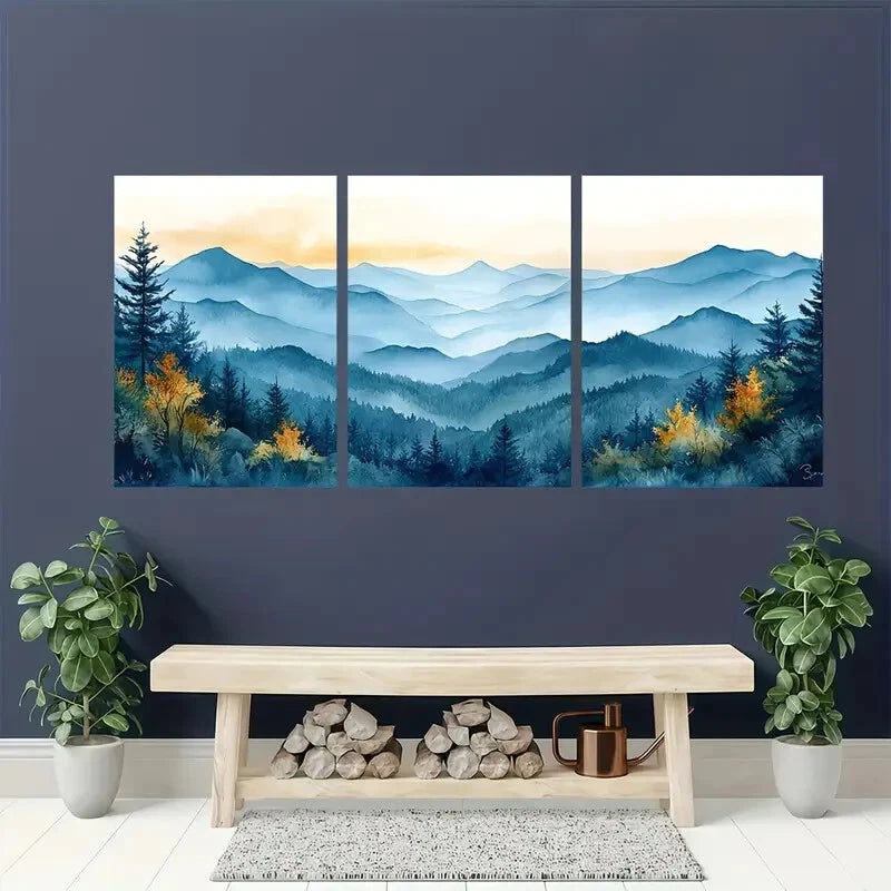 3pcs Watercolor Landscape Painting of North Metal Print Ready to Hang Art - Bella Home Decor