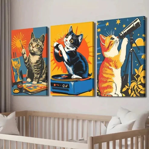 3pcs DJ Cat Astronomy Cat Sunrise Cat Wall Art Canvas Unframed - High Quality Print 100% Australian Made Wall Canvas - Bella Home Decor