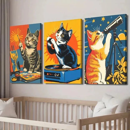 3pcs DJ Cat Astronomy Cat Sunrise Cat Wall Art Canvas Unframed - High Quality Print 100% Australian Made Wall Canvas - Bella Home Decor
