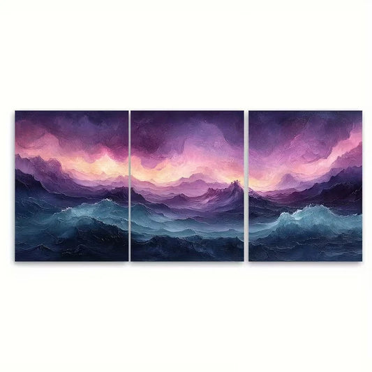 3pcs Enchanting Purple, Pink and Teal Coastal Metal Print Ready to Hang Art