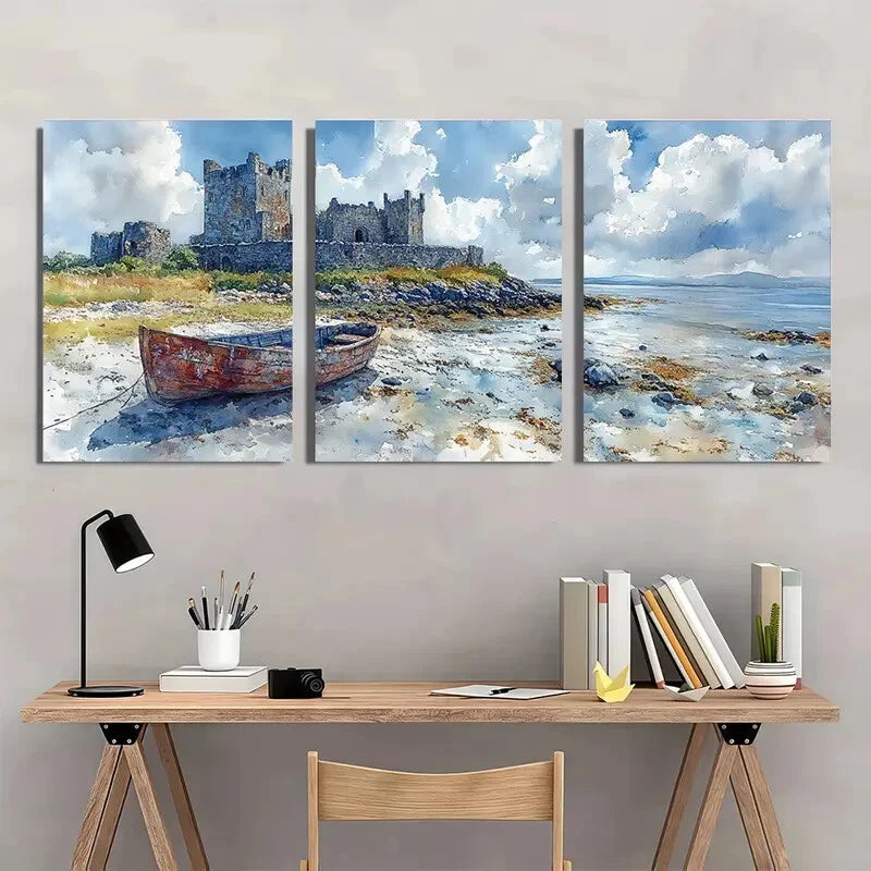 3pcs Dungaire Castle Galway Bay Ireland Watercolor Metal Print Ready to Hang Art - Bella Home Decor