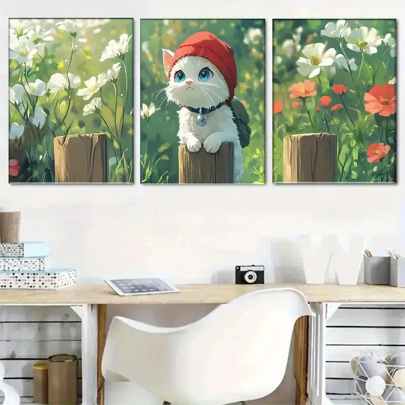 3pcs Charming White Cat in Flower Landscape Metal Print Ready to Hang Art - Bella Home Decor
