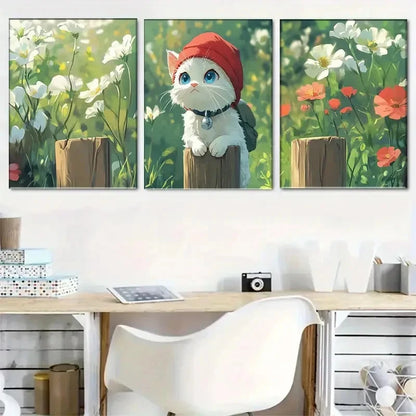 3pcs Charming White Cat in Flower Landscape Metal Print Ready to Hang Art - Bella Home Decor