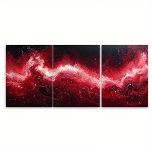 3pcs Vibrant Deep Red Abstract Marbling Metal Print Ready to Hang Art