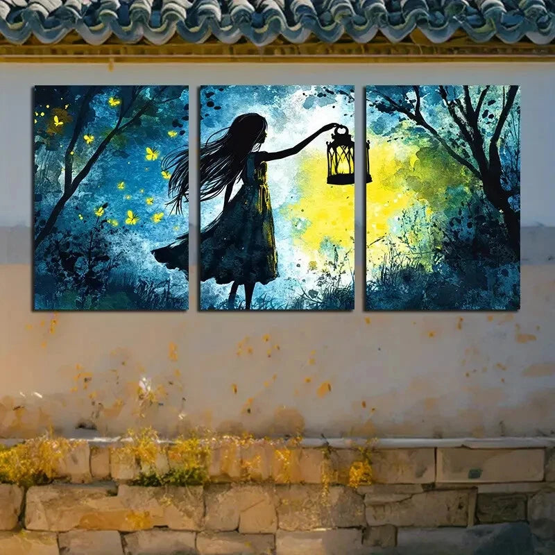 3pcs Enchanted Forest & Lantern Girl Metal Print Ready to Hang Art - Bella Home Decor