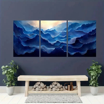 3pcs Wave Design in Indigo & Honeycomb Tones Metal Print Ready to Hang Art - Bella Home Decor
