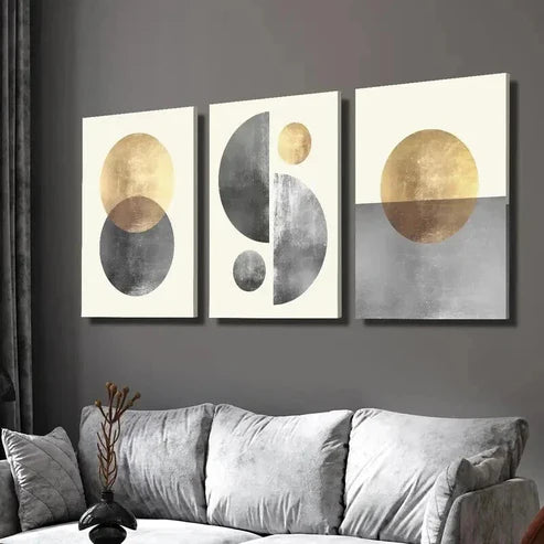 3pcs Gold and Grey Sphere Pattern Decoration Wall Art Set Canvas Unframed - High Quality Print 100% Australian Made Wall Canvas - Bella Home Decor