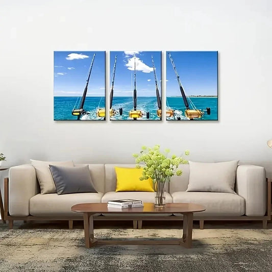 3pcs Modern Coastal Fishing Rods & Reels Seascape Metal Print Ready to Hang Art
