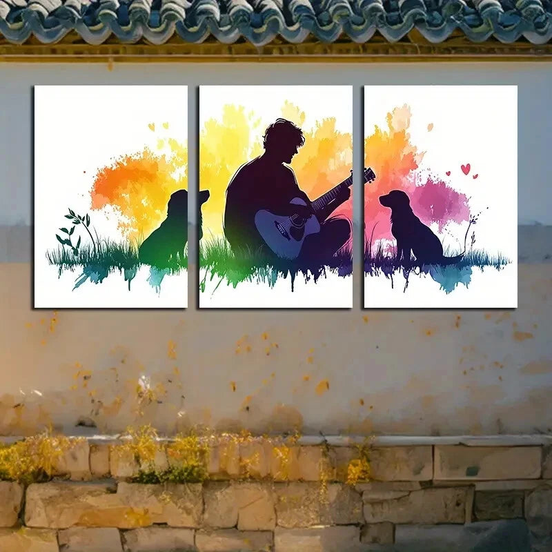 3pcs Vibrant Guitar Player & Dog Illustration Metal Print Ready to Hang Art - Bella Home Decor