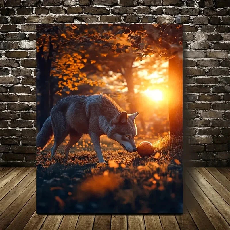 Wolf Playing with Ball Under Sunset Painting 40x60cm Metal Print Ready to Hang - Bella Home Decor